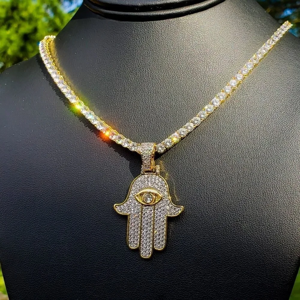 14k Gp Simulated Diamond Hamsa Necklace